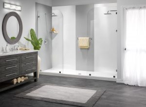 Sanger Bathroom Remodeling Basket Weave and White Smooth Walls with Oversized White Shower Base client 300x220