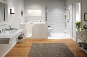 Exeter Bathroom Remodeling Othello Subway Walls Low Barrier Shower with Ramp Walk In Bathtub and Shower Combo Chrome Fixtures client 300x197